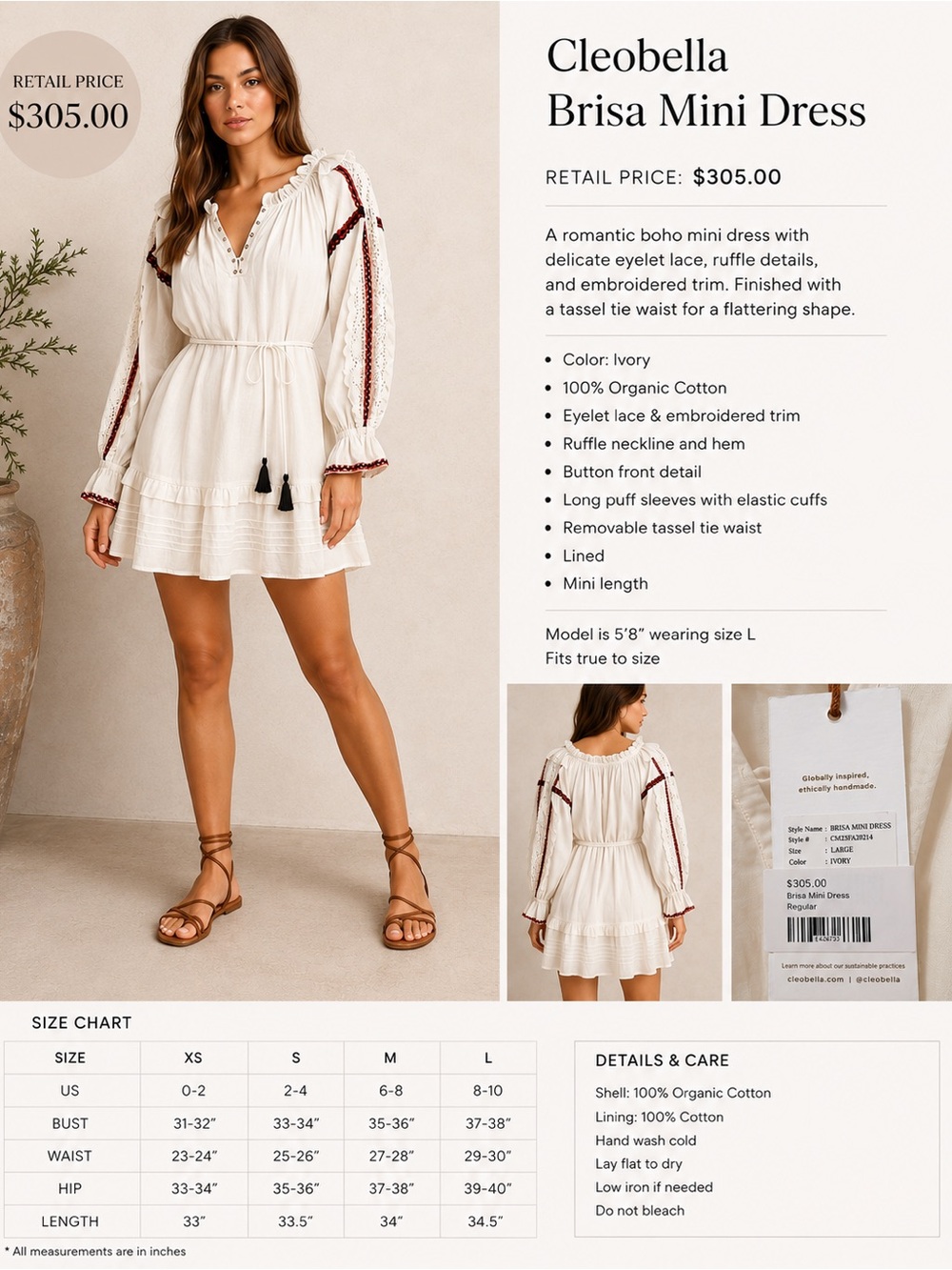 Cleobella Brisa Mini Dress Ivory Organic Cotton Embroidered Boho Dress - Large